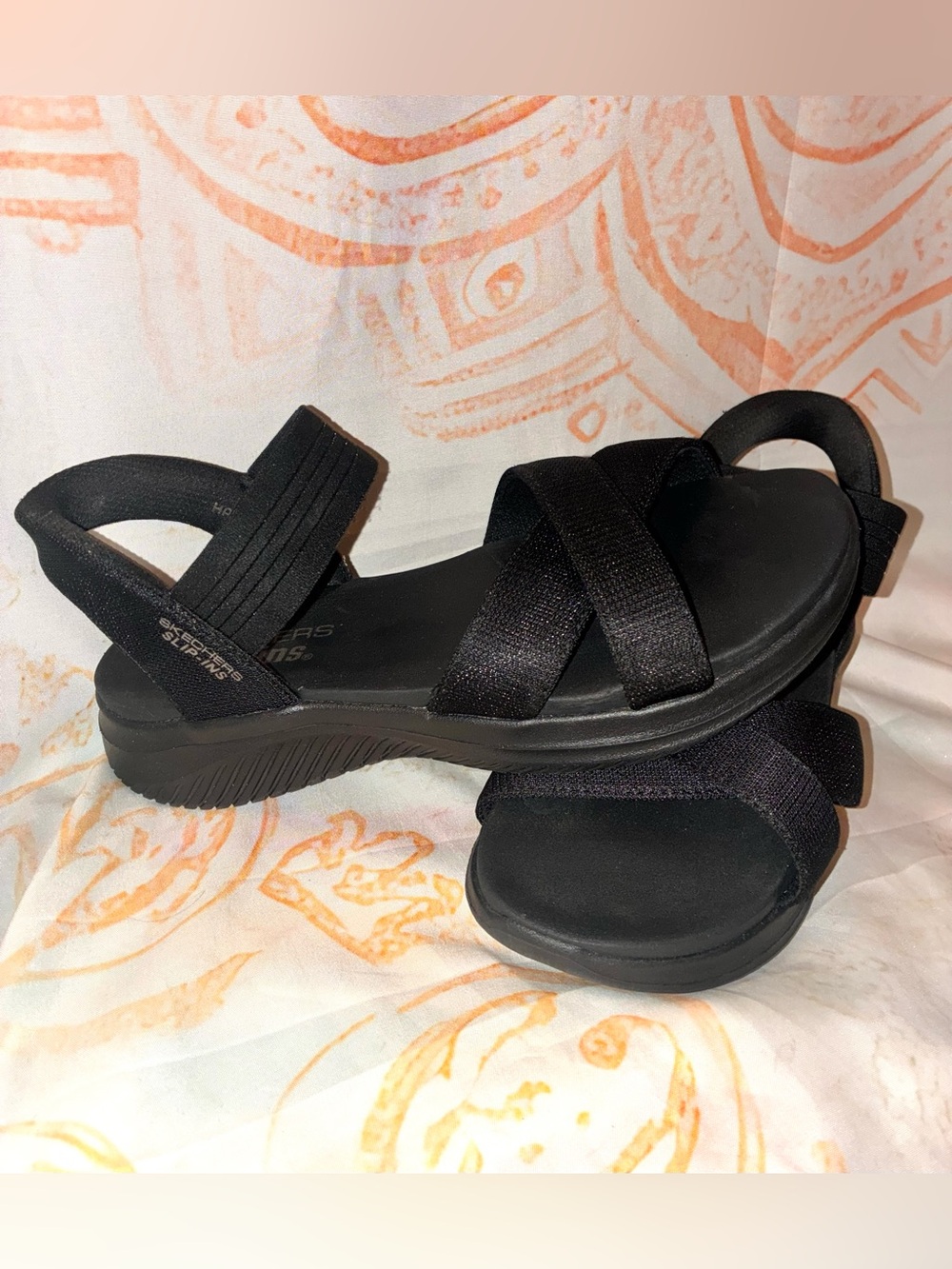 Skechers Women’s Black “Slip-ins” Stretch Criss Cross Sandals